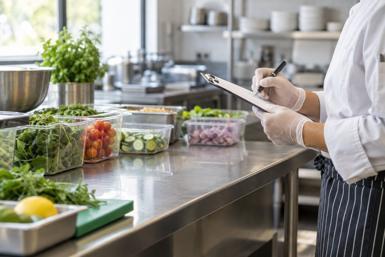 Professionista che verifica le procedure HACCP in una cucina professionale